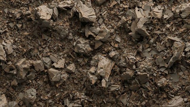 Crumpled brown paper and torn cardboard pile recycling texture with shredded fragments