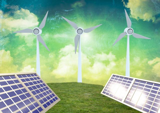 Digital composition of solar panels and wind turbine on green grass against sky background
