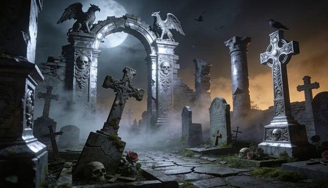 Moonlit gothic cemetery with ruined arch, gargoyles, celtic cross, fog and ravens
