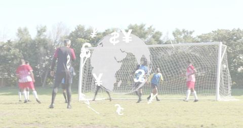 Soccer players pressing near goal with global currency overlay for sports finance