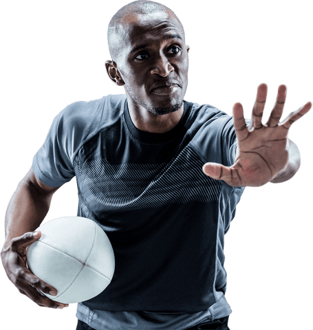 Transparent african-american athlete holding rugby ball and gesturing