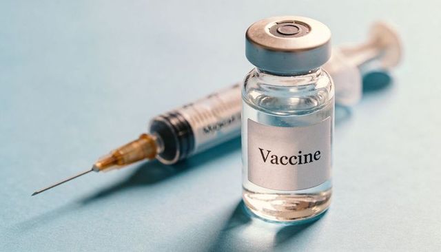 Clear vaccine vial and syringe on blue surface, close-up medical vaccination concept
