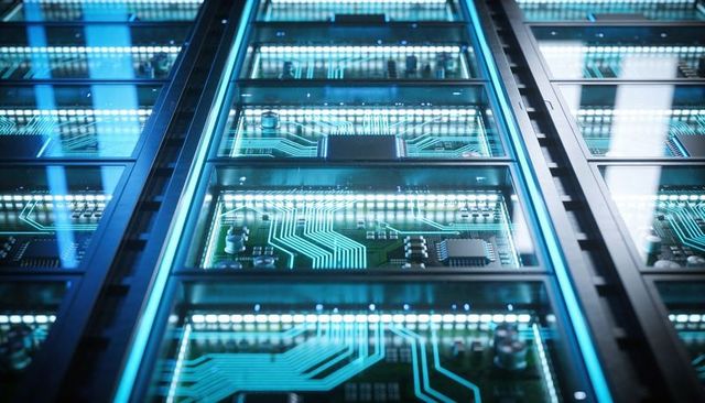 Glass-covered circuit boards glowing in equipment rack, led-lit traces and metal rails