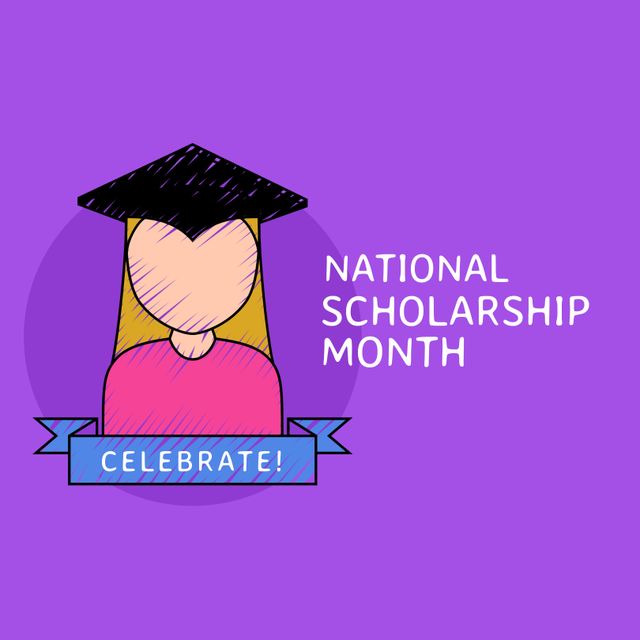 Illustration of student wearing mortarboard and celebrate ribbon with national scholarship month. Text, vector, violet, copy space, graduation, education, opportunity and awareness concept.
