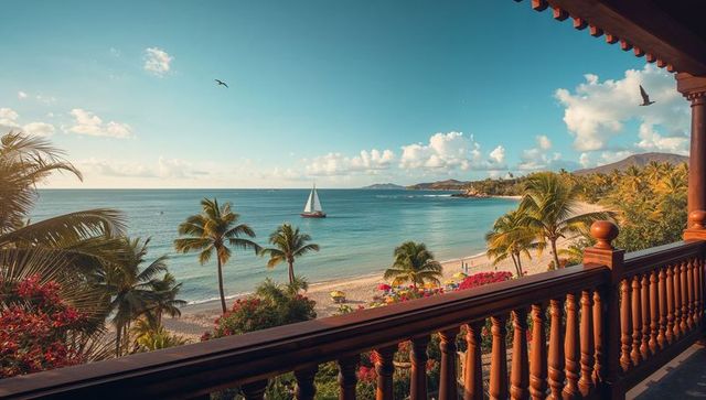 Oceanfront Balcony Overlooking Tropical Bay with Sailboat, Palm Trees and Bougainvillea
