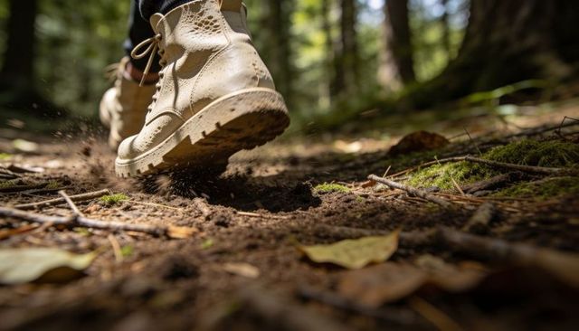 Tan leather hiking boot kicking up dirt on forest trail, motion and texture close-up