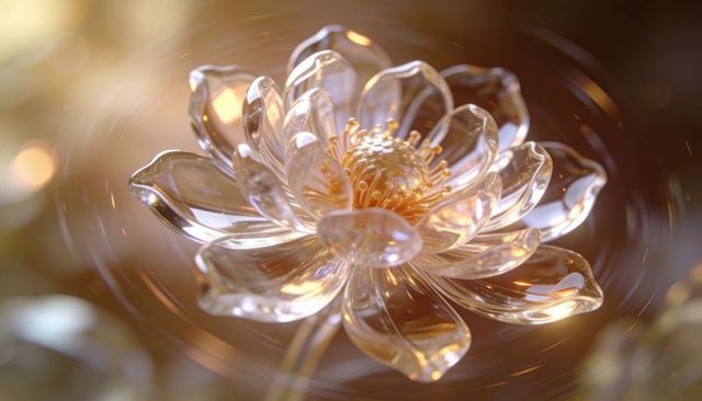 Glowing crystal lotus sculpture reflecting warm golden light with translucent petals