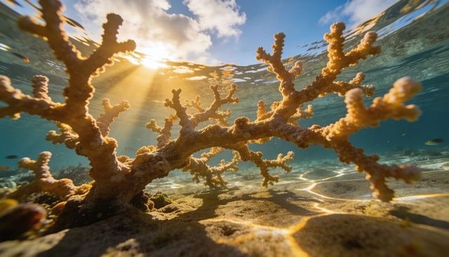 Sunlit staghorn coral on shallow lagoon seabed with golden sunbeams and caustics