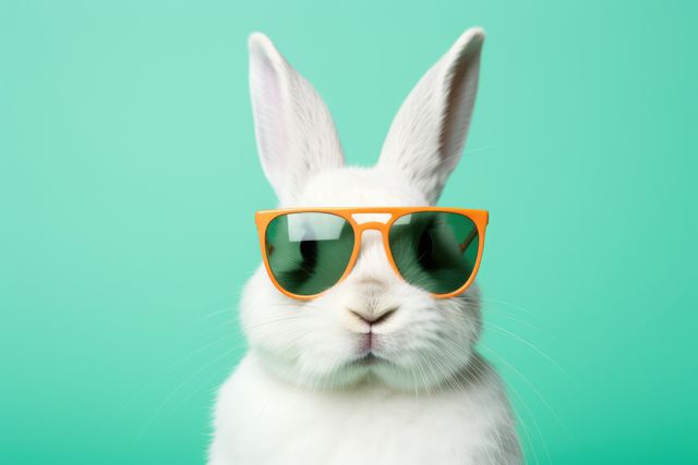 Rabbit wearing sunglasses on green background, created using generative ai technology. Rabbit, animal, summer and vacation concept digitally generated image.