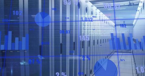 Modern Data Center Showing Analytics Hologram for Technological Innovation