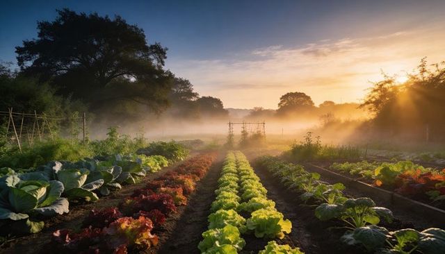 Misty sunrise bathing organic vegetable rows with lush lettuce and cabbage