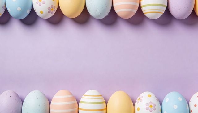 Pastel easter egg frame on lavender background with symmetrical top and bottom border