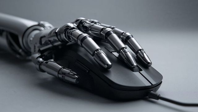 Robotic hand operating computer mouse symbolizing futuristic technology