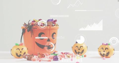 Halloween candy bucket overflowing with sweets and jack-o-lanterns on tabletop with hud overlay