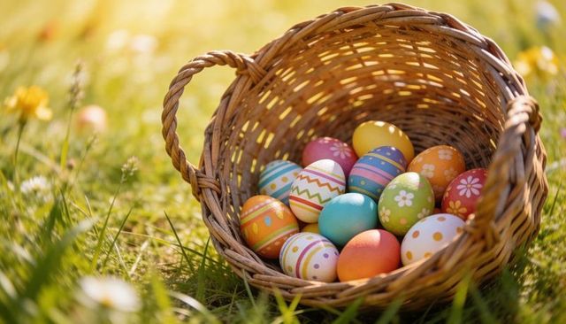 Spilling wicker basket of colorful painted easter eggs on sunlit grassy meadow, spring bokeh