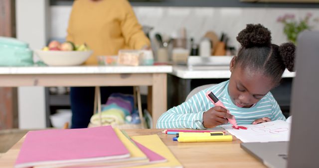 Young Girl Drawing While Mother Prepares in Kitchen - Download Free Stock Images Pikwizard.com