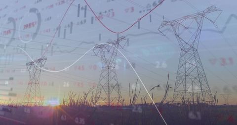 Transmission towers at sunset merging with financial market candlestick chart overlays