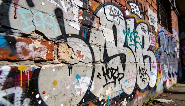 Displaying colorful weathered graffiti on cracked brick wall along urban alleyway