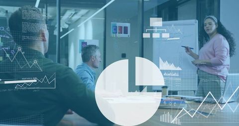 Female Leader Presenting Data in Modern Boardroom with Digital Graph Overlays