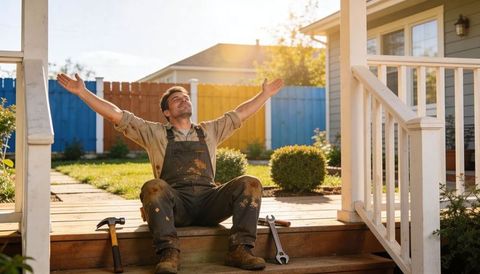 Handyman taking break relaxing on porch steps after deck repair with tools nearby