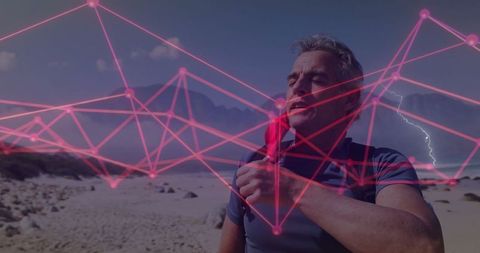 Adventurer Holding Red Cloth Underneath Futuristic Pink Web Overlay