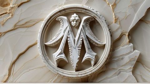 Ornate marble relief emblem with stylized m and female face
