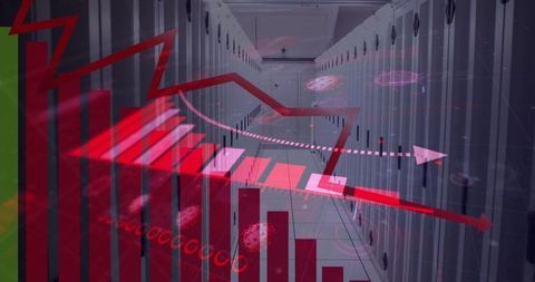 Digital Financial Data Overlay on Server Room Background