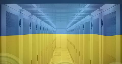 School hallway with lockers in ukraine flag colors