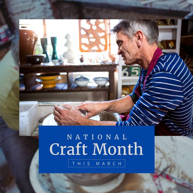Caucasian male potter working on a ceramic piece in his workshop, wearing a striped shirt and an apron. Celebrating National Craft Month with focus on traditional crafts and artisan skills. Perfect for promoting craft month events, DIY projects, creativity workshops, and handmade artisan sales throughout March.