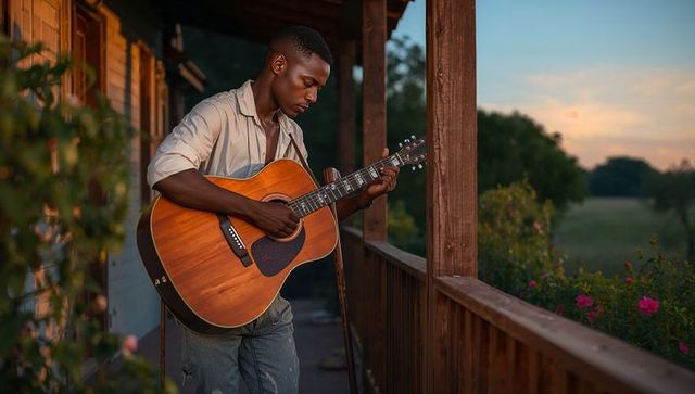Man Playing Acoustic Guitar on Rustic Porch at Sunset