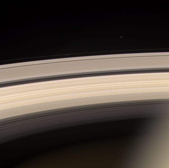 Saturn and its rings are prominently shown in this color image, along with three of Saturn's smaller moons. From left to right, they are Prometheus, Pandora and Janus.  Prometheus and Pandora are often called the "F ring shepherds" as they control and interact with Saturn's interesting F ring, seen between them.  This image was taken on June 18, 2004, with the Cassini spacecraft narrow angle camera 8.2 million kilometers (5.1 million miles) from Saturn. It was created using the red, green, and blue filters. Contrast has been enhanced to aid visibility.  http://photojournal.jpl.nasa.gov/catalog/PIA06422