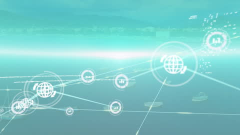 Digital Network Data Overlay on Cityscape Background