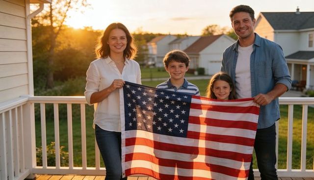 Family of four holding american flag on porch at sunset celebrating patriotic unity