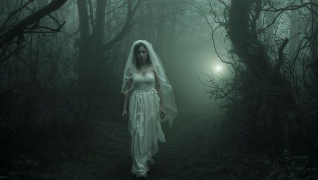 Mysterious Bride Walking Through Misty Forest at Night