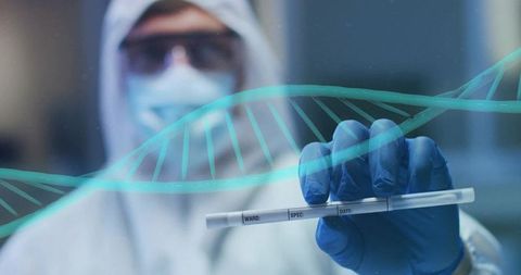 Scientist in PPE presenting specimen tube with DNA double helix overlay for genomics study