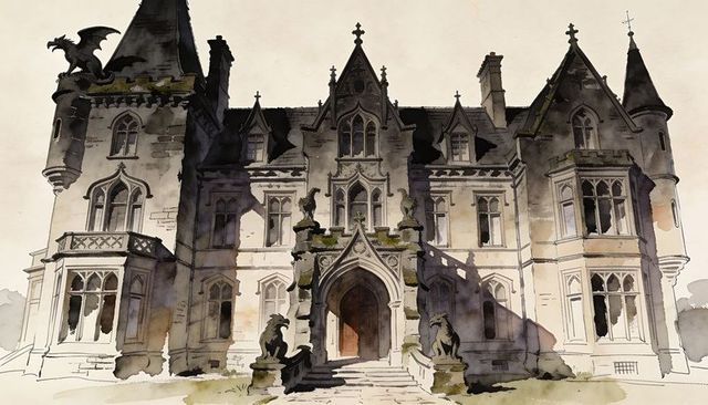 Gothic revival manor gargoyles arched entrance, watercolor inkwash for fantasy covers