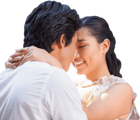 Transparent Asian Couple Embracing and Smiling