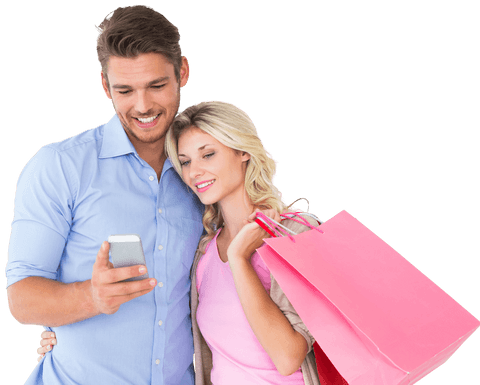 Attractive Couple Shopping with Pink Bags and Smartphone Transparent Background