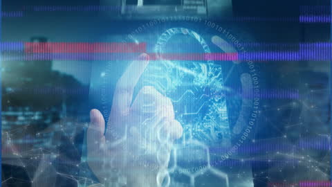 Digital Cybersecurity Concept with Virtual Padlock and Hand Interface