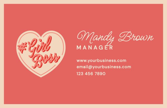 Modern business card template for female entrepreneurs. Designed in pink tones, the card features contact information and a heart design with '#GirlBoss'. Great for network events, professional meetings, and fresh graduates looking to brand themselves in the business world.