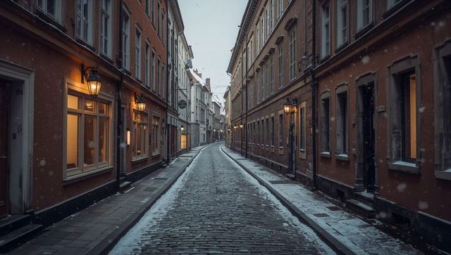 Snowy Cobblestone Alley at Dusk with Warm Lantern Light and Historic European Facades