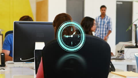 Fast-Paced Office Life with Digital Clock Overlay