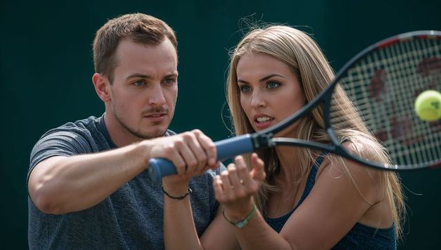 Tennis coach guiding player through racket grip technique during focused training