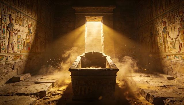 Ancient egyptian sarcophagus bathing in golden sunbeams inside desert tomb chamber
