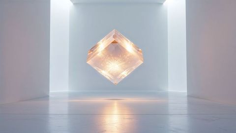 Luminescent Crystal Cube Floating in Minimalist Space