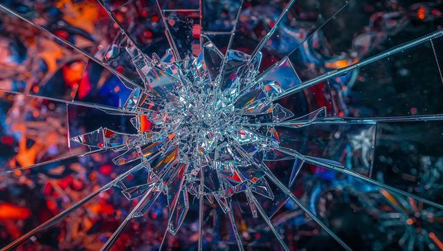 Shattered glass starburst radiating neon refraction in red blue purple tones