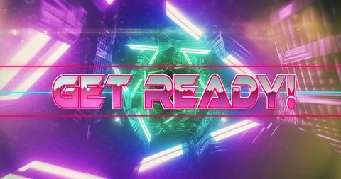 GET READY! Neon Retro-Futuristic Headline in Glowing Hex Tunnel with Scan Lines