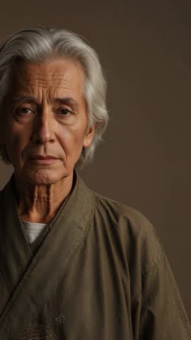 Vertical video showing senior Asian man blinking and smiling while wearing brown robe