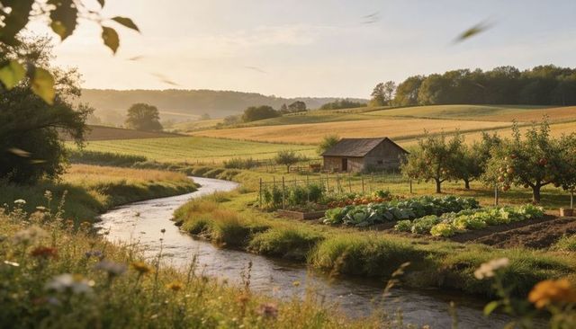 Sunlit rural valley with meandering creek, vegetable garden and orchard glowing at golden hour