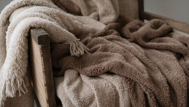 Cozy layered neutral throws draping rustic wooden chair with plush sherpa and knit textures